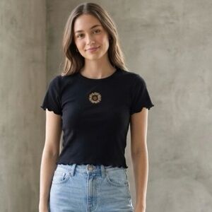Wild Fable Sunflower Embroidered Ribbed Baby Tee in Black Women’s Size S
